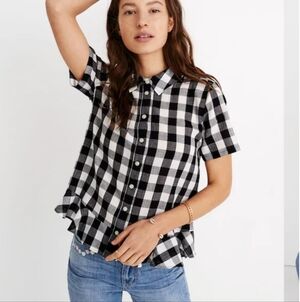 Madewell Peplum Button Down Gingham Black And White Shirt Women's Size M